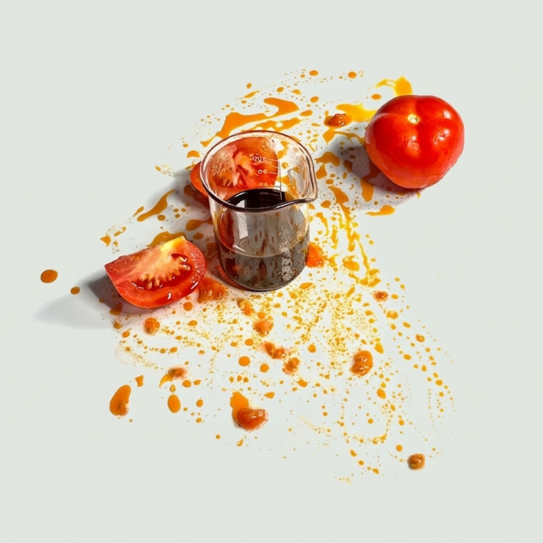 Tomatoes, tomato oil and a glass container with tomato juice on a light background